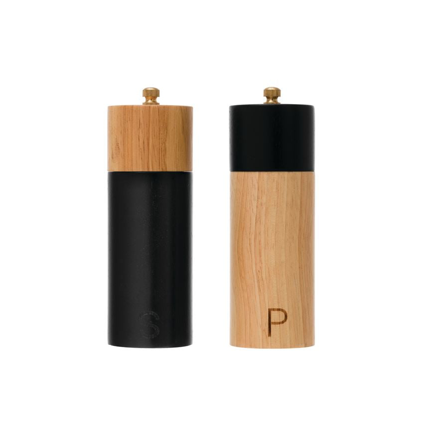 Rubber Wood Salt & Pepper Mills, Black & Natural, Set of 2