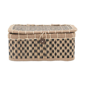 Hand-Woven Seagrass Box with Lid, Jute Rim & Shell Button Closure, Natural & Black