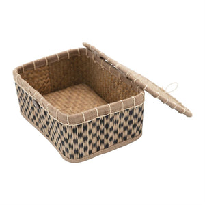 Hand-Woven Seagrass Box with Lid, Jute Rim & Shell Button Closure, Natural & Black