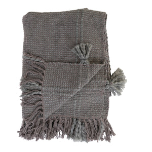 Woven Cotton Blend Grey Throw Blanket with Fringe and Tassels