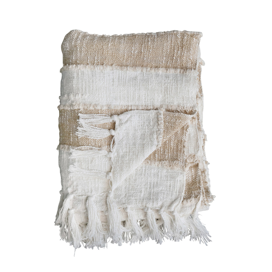 Woven Cotton Striped Throw Blanket with Fringe